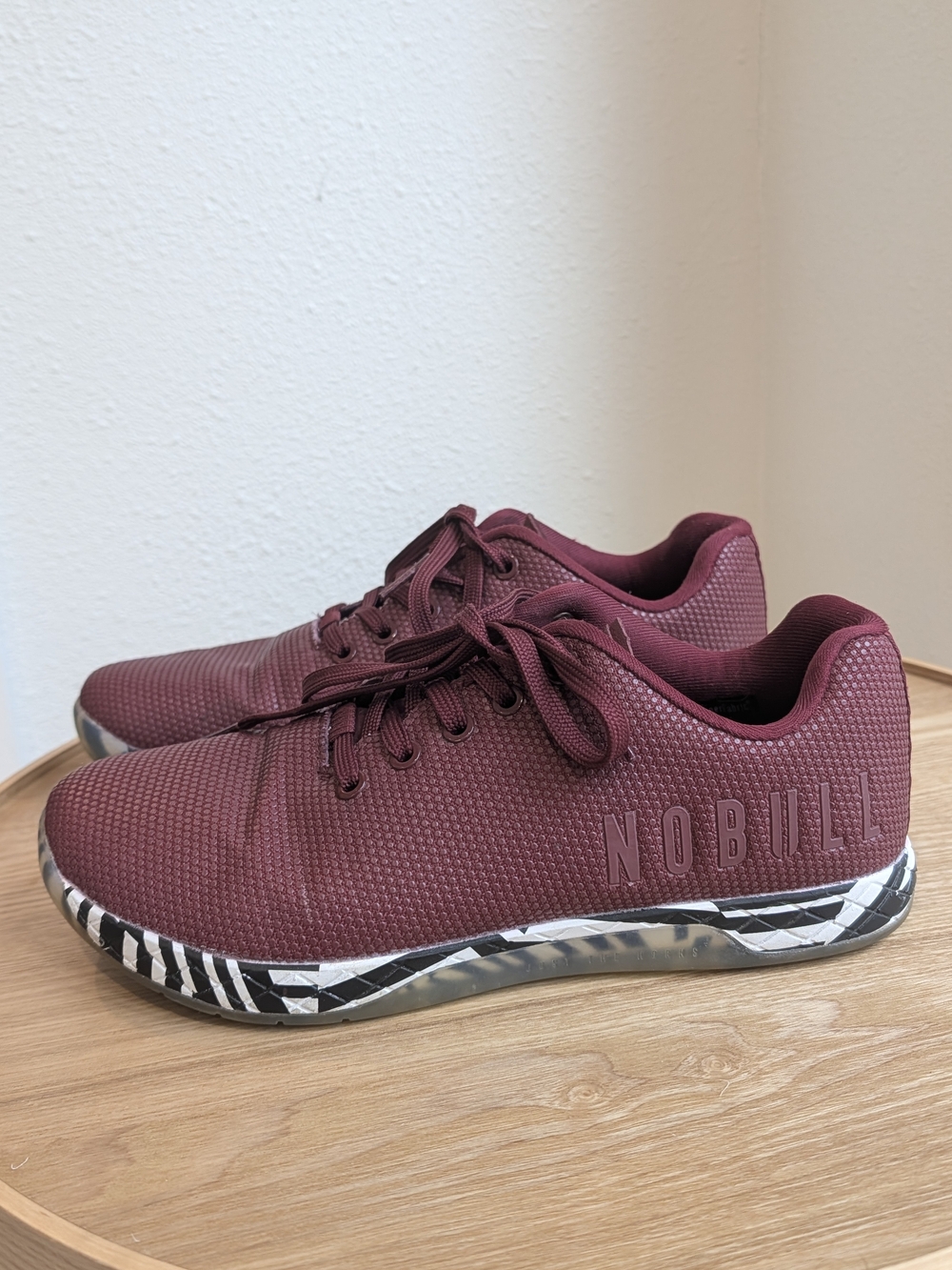 NOBULL Women's Trainer Sneaker Burgundy Black And White Striped Sole
